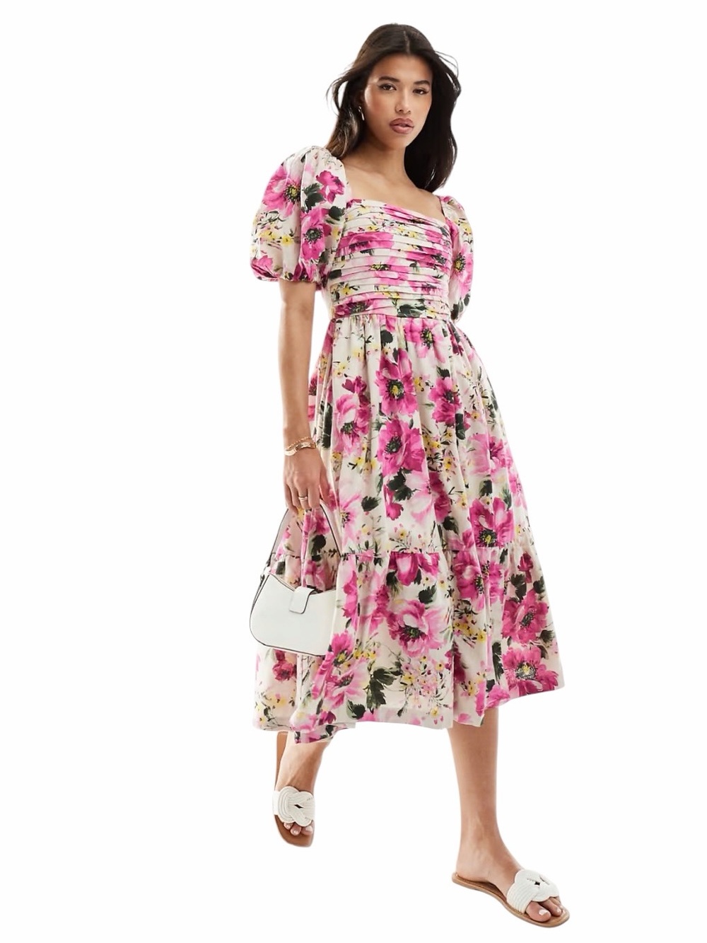 Abercrombie - Emerson Linen Blend Floral Puff Sleeve Midi Dress Sz SP